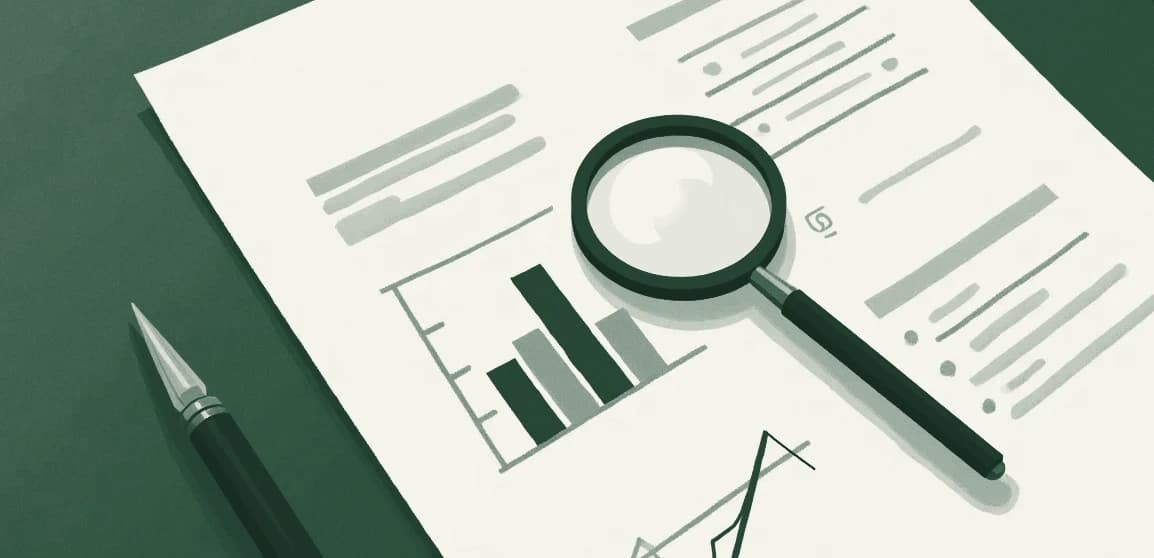 A magnifying glass resting on a printed report over a small chart, with a pen
