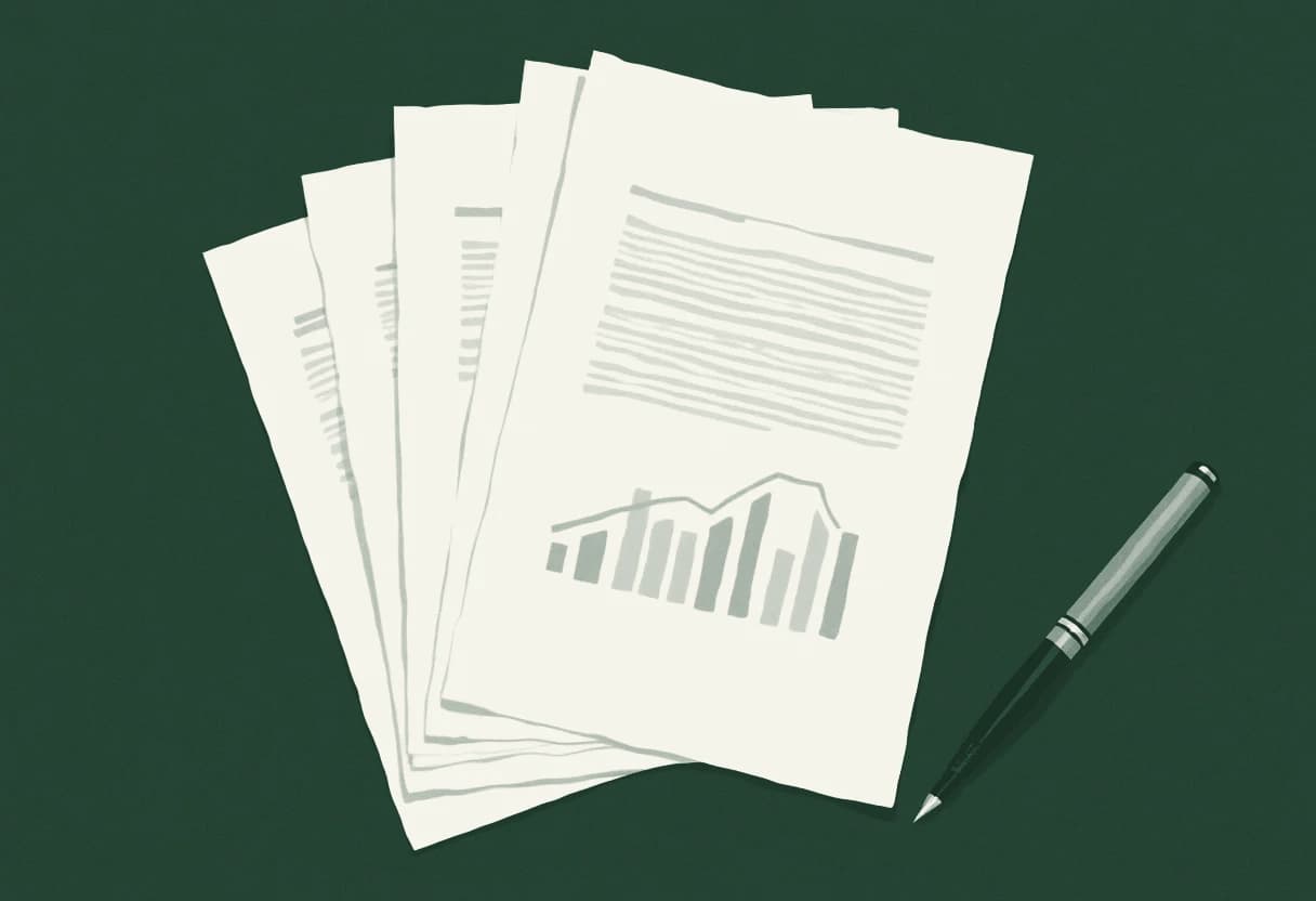 An illustration of a printed audit report — a stack of pages with a small chart and a pen